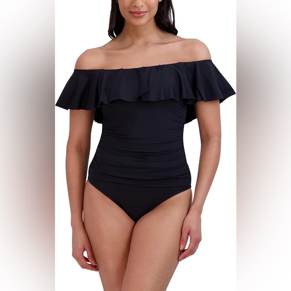 NWT BCBGMaxazria Black Ruffle Sleeve One Piece Swimsuit Size Large - Picture 4 of 7